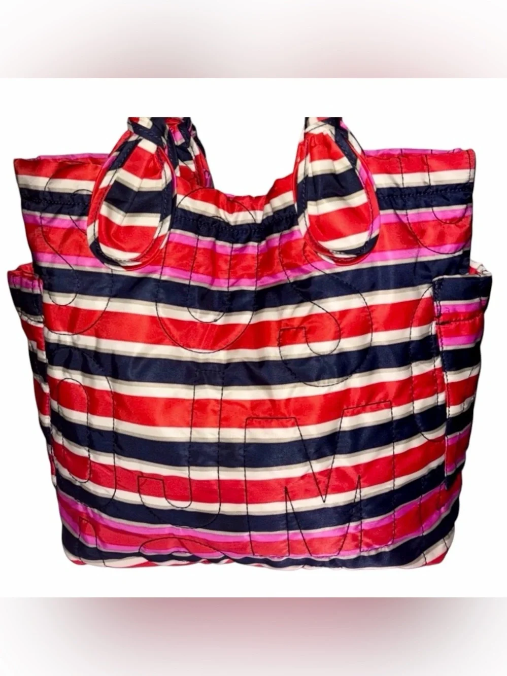 Marc by Marc Jacobs Large Striped Quilted Tote Navy Red Pink Cream Like-New Auth